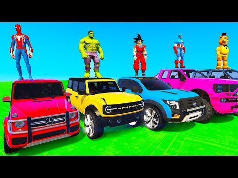 SUPERHERO Cars Challenge on TRIPLE Ramp ! SPIDERMAN Fire Truck BMW Race JEEP Bikes - GTA 5