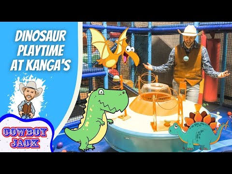 Thumbnail: man in a cowboy vest at a bright dinosaur-themed play zone with cartoon dinosaurs and the title 'Dinosaur Playtime' text.