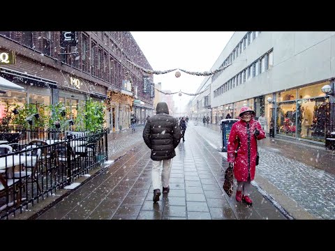 Winter Walk in Uppsala, Sweden - Snowfall in The City
