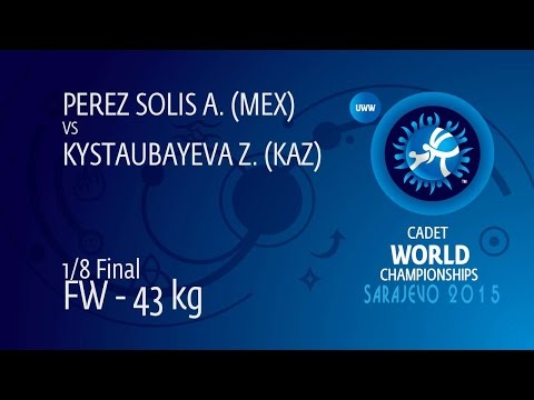 1/8 FW - 43 kg: A. PEREZ SOLIS (MEX) df. Z. KYSTAUBAYEVA (KAZ) by FALL, 2-0