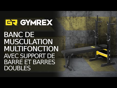 video - Banc de musculation multifonction avec support de barre et barres doubles