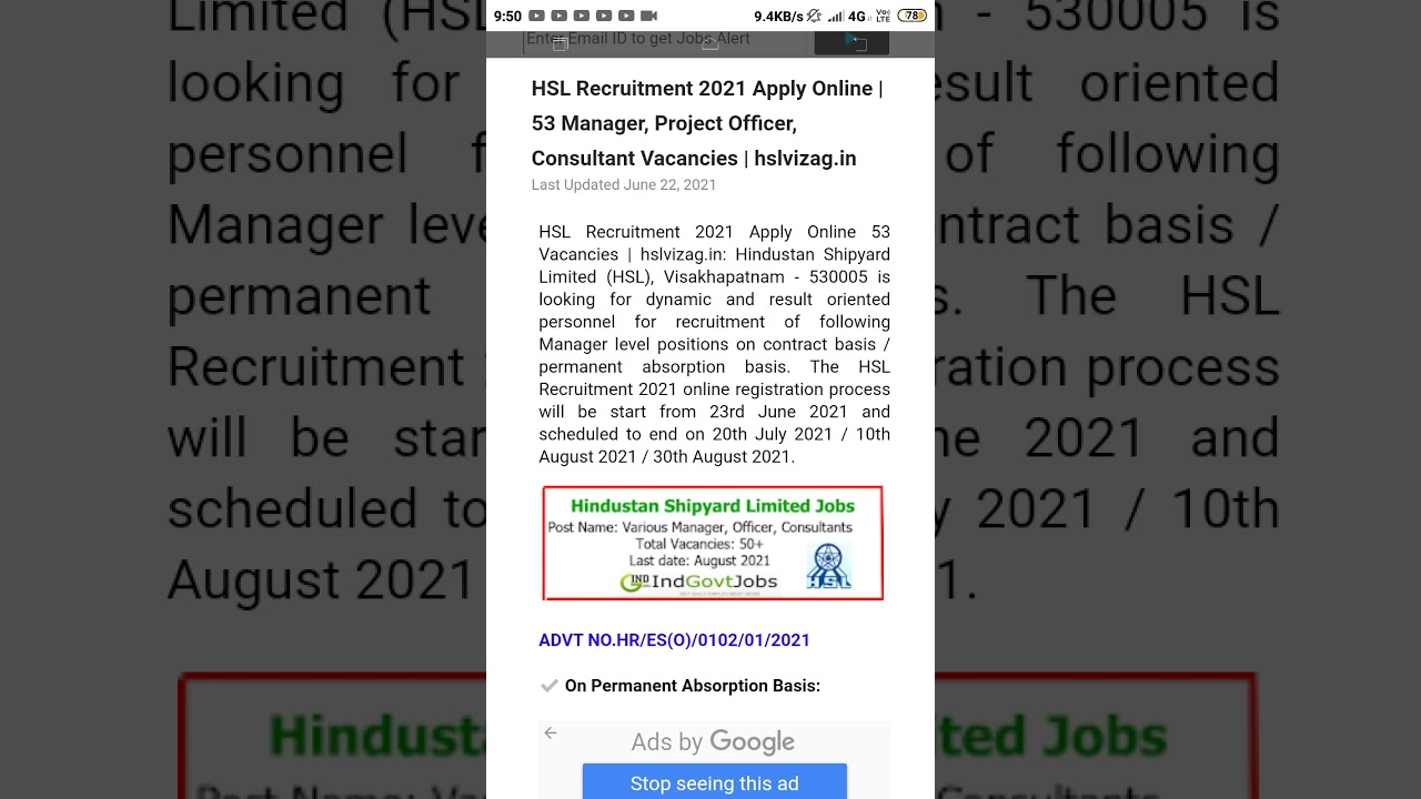 HSL Recruitment 2021 Apply Online | 53 Manager, Project Officer, Consultant Vacancies | hslvizag.in