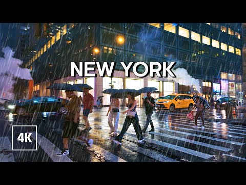 Walking in Heavy Thunderstorm at Night in NYC Flooded New York