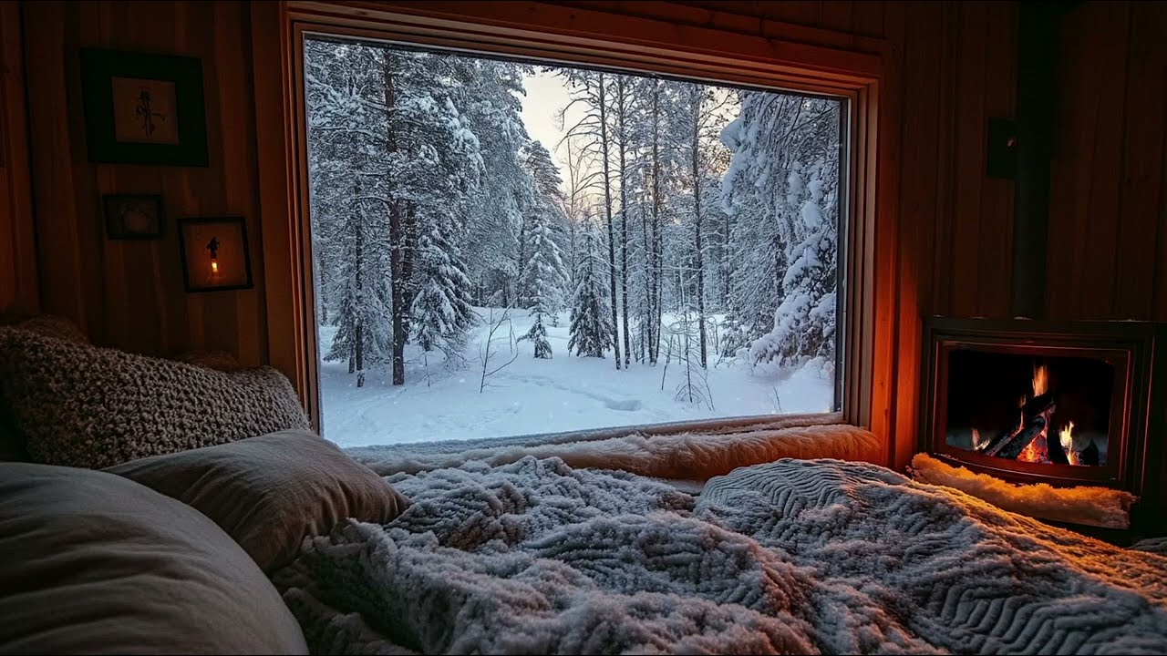 Snowy Cabin Retreat with Fireplace and Snowfall | Sounds to Ease Stress, Enhance Relaxation