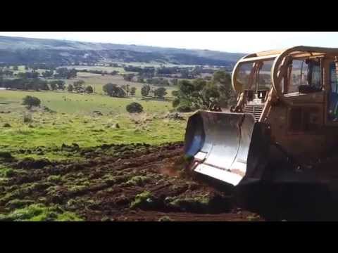 Excavator and dozer showing technique for ripping of rabbit warrens