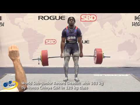 World SJr Record Deadlift with 363 kg and TOTAL with 868.5 kg by Nonso Chinye GBR in 120kg class
