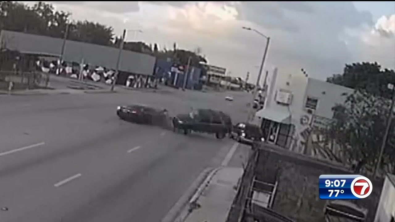 4 hospitalized after multi-vehicle crash sends car into Miami storefront