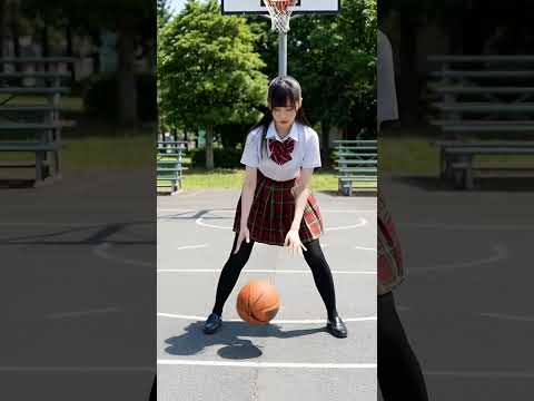制服姿の女子高生がドリブルをしている