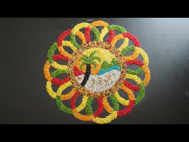 Onam pookalam rangoli design step by step instruction