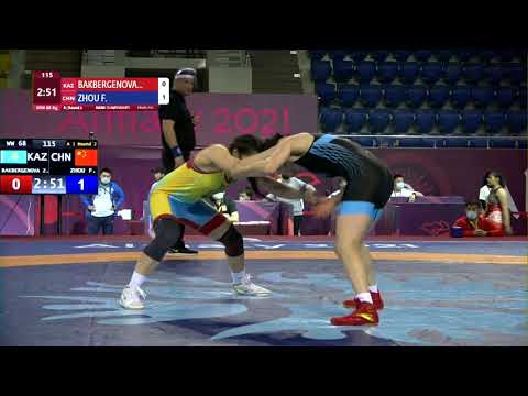 Round 2 WW - 68 kg: Z. BAKBERGENOVA (KAZ) v. F. ZHOU (CHN)