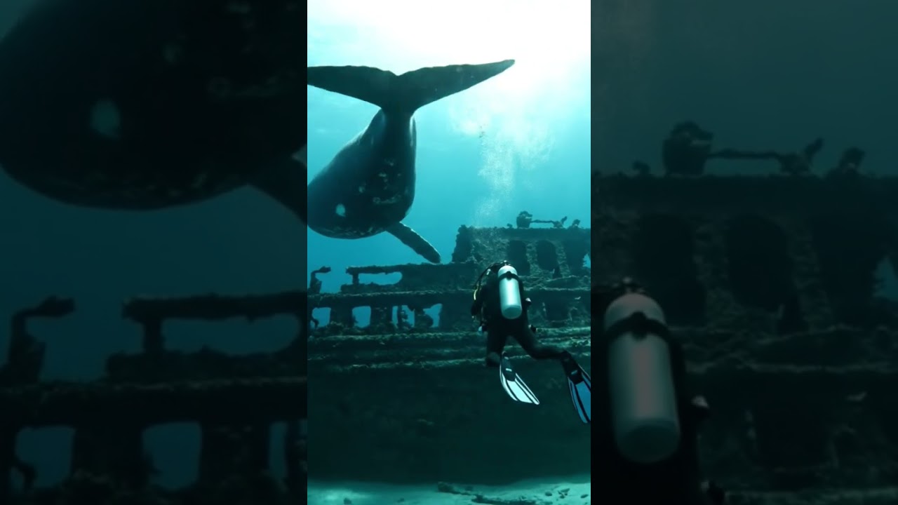 A diver finds an ancient shipwreck on the seabed and a whale. #ai #whale #diver #ship