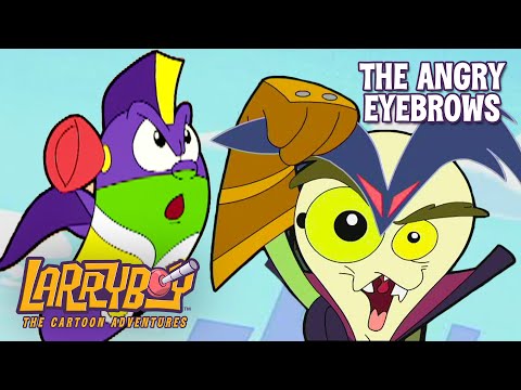 Colorful cartoon cover showing two quirky characters with the title 'The Angry Eyebrows'—likely a thumbnail for a cartoon episode.