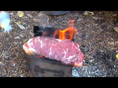 Camping Food, Grilling A New York Steak On My Firebox Stove, Over A Wood Fire!