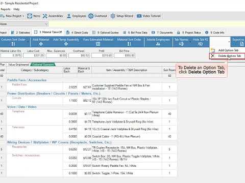 Material Take Off Tab Option Tabs