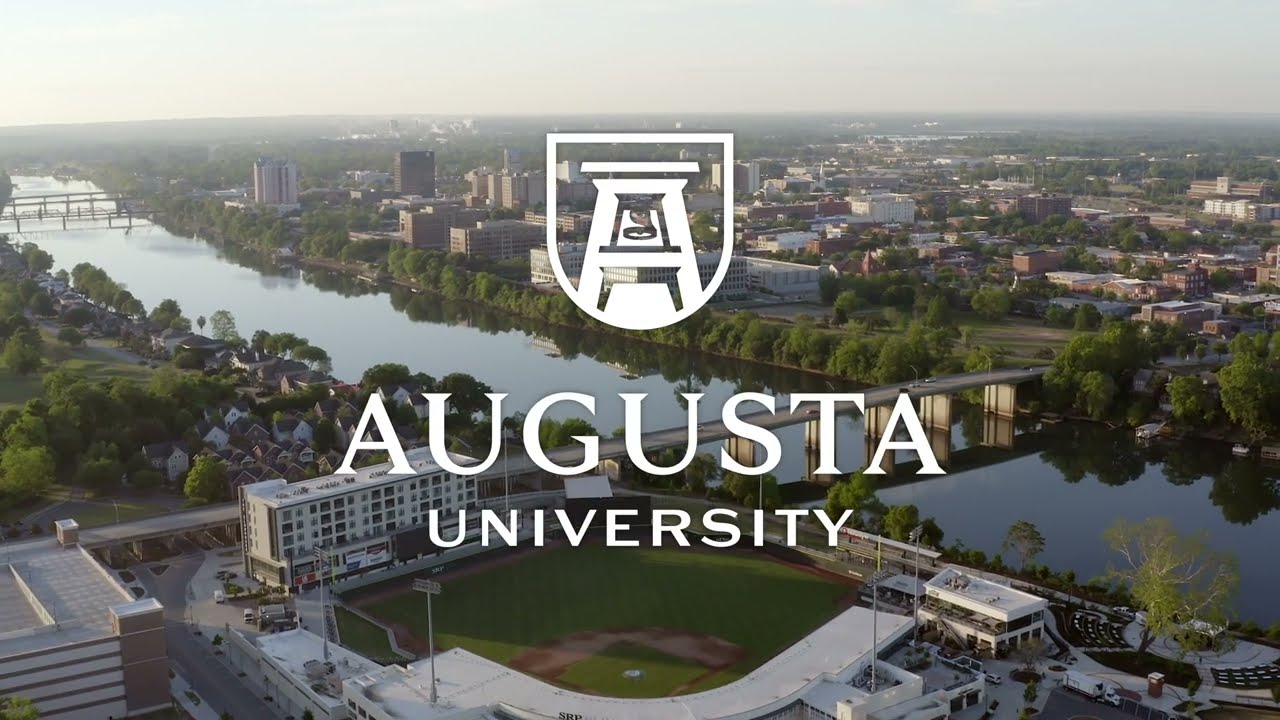 Aerial view of the Savannah River with the Augusta University Logo&nbsp;