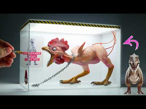 Diorama of a chicken turning into a T-Rex in the laboratory