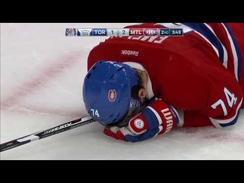 Emelin drops after puck deflects into his face