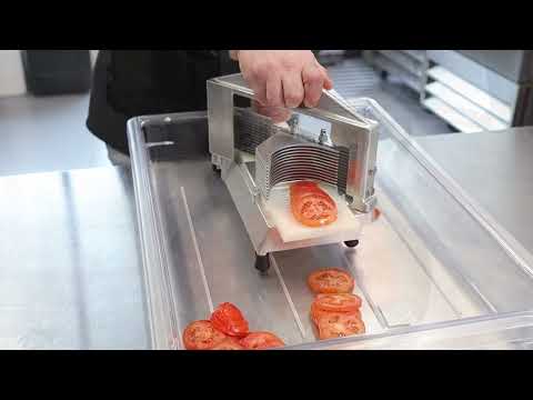 Video thumbnail for 3/16″ Stainless Steel, Cast Aluminum Manual Tomato Slicer