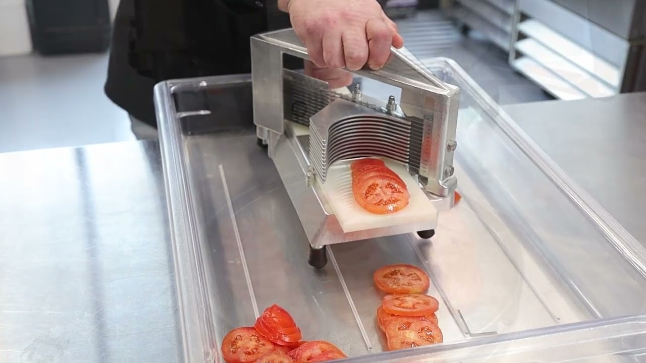 Video thumbnail for 3/16″ Stainless Steel, Cast Aluminum Manual Tomato Slicer