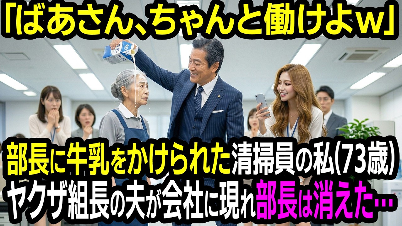 清掃員のお婆さんに牛乳をかけた部長は知らなかった。彼女がヤクザ組長の妻だったとは