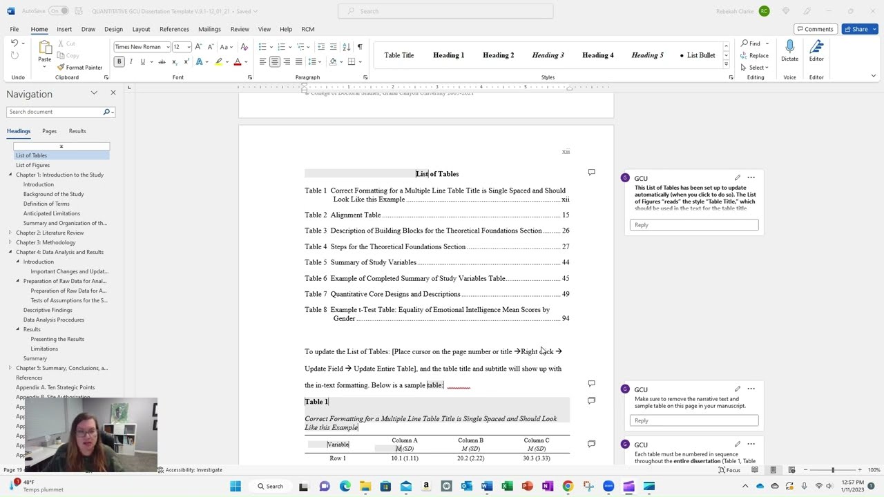 Working in the GCU Template: Lists of Tables and Figures