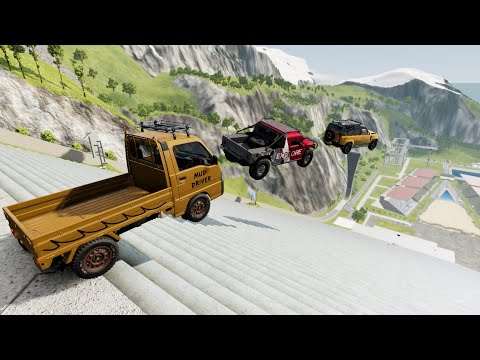 Long Stairs Jumps Down With Slow Motion (Crash Test) - BeamNG.drive Long Down Stairs Jumps