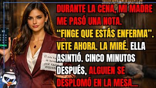 During dinner, my mother passed me a note. "Pretend you're sick." Leave now. I looked at her...