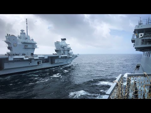 HMS Prince of Wales conducts replenishment at Sea with RFA Tiderace
