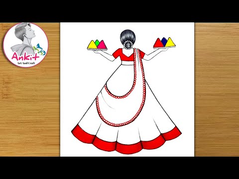 Holi drawing for kids | Holi drawing easy step by step | how to a draw traditional girl with Holi 
