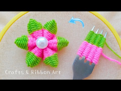 Super Easy Woolen Flower Making Ideas with Fork - Hand Embroidery Amazing Trick - DIY Woolen Flowers