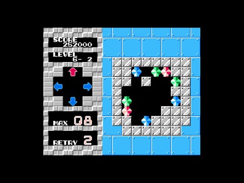 NES版『パズニック』のグラブニックモードのプレイ映像。専用ルールの盤面を操作している場面
