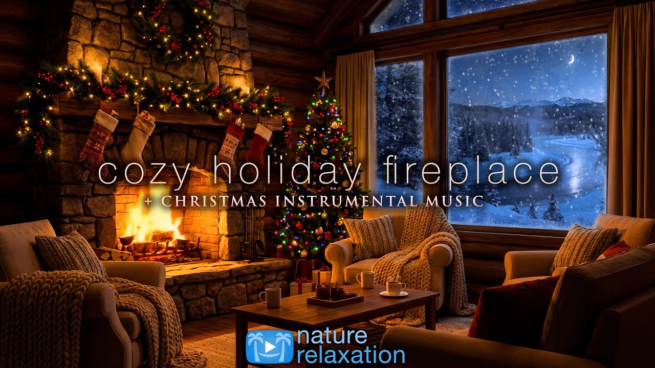 Cozy Christmas Fireplace (+ Instrumental Holiday Music) 8HR Looping Holiday Screensaver Scene in 4K