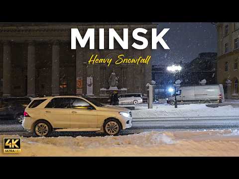 Minsk Under Heavy Snow | Magical Evening Walk Tour 4K 60 FPS