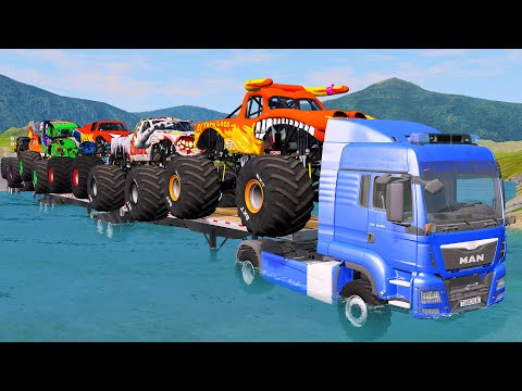 Double Flatbed Trailer Monster Trucks Transport with Slide Color - Cars vs Speed bump - BeamNG.drive