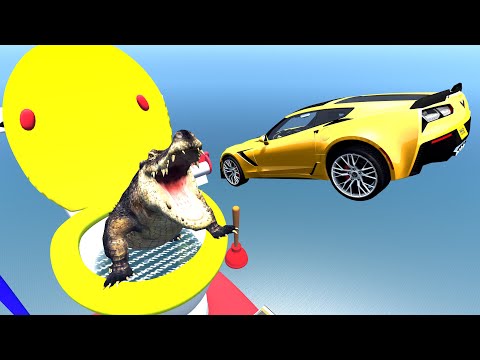 Jumping Cars into the Mouth of Giant Alligator - BeamNG.Drive