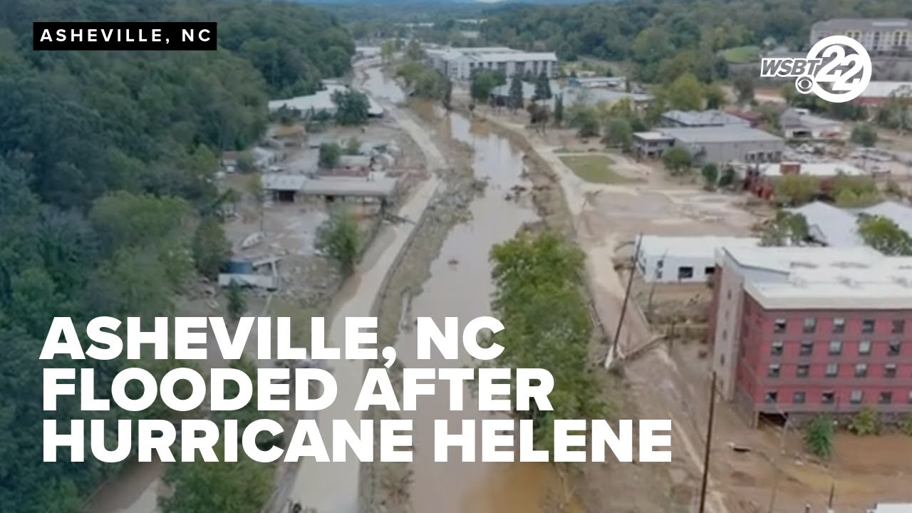 Drone flies through flooded Asheville, NC after Hurricane Helene