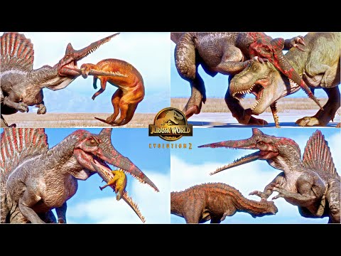 NEW HYBRID SPINOSAURUS KILL ANIMATIONS VS ALL DINOSAURS IN  JURASSIC WORLD EVOLUTION 2