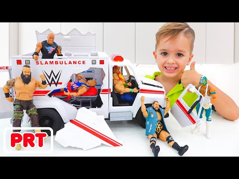 Vlad e Niki jogam com a WWE Slambulance Vehicle Brinquedo