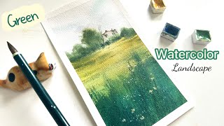 Green Watercolor Landscape: Serene Meadow Journey