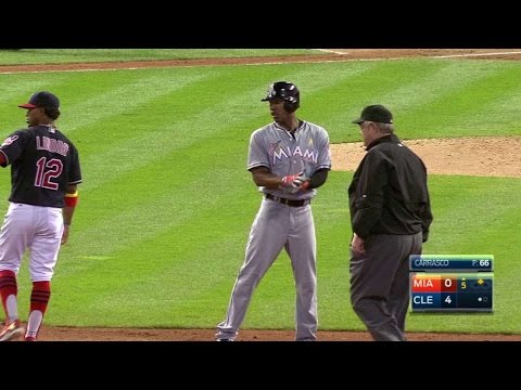 MIA@CLE: Hood doubles for his first Major League hit