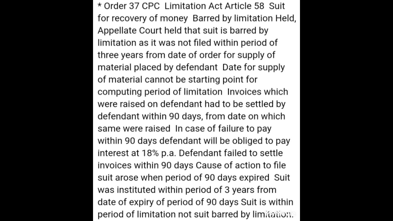 Order 37cpc Limitation Act and Article 58 suit for recovery of money