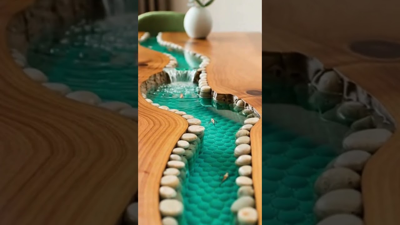 Absolutely stunning wooden dining tables that have built-in flowing rivers! Some with fish! 🤯👏👏
