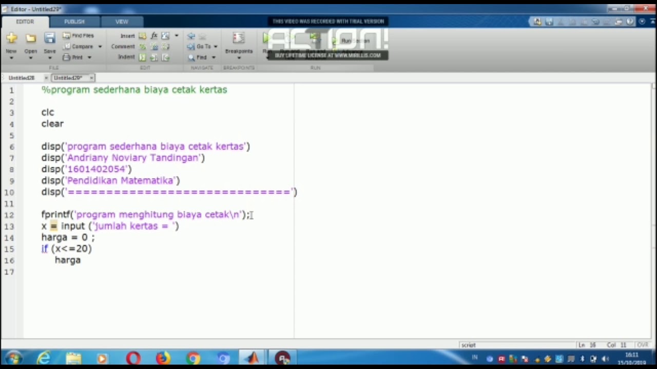 Tutorial - program sederhana biaya cetak kertas melalui aplikasi MatLab