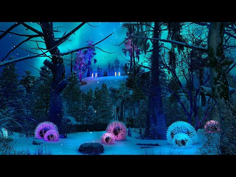 Enchanted Forest Night Ambience |4K ✨🌲 Soothing Snowfall & Frozen Lake Sounds For Relaxation & Sleep