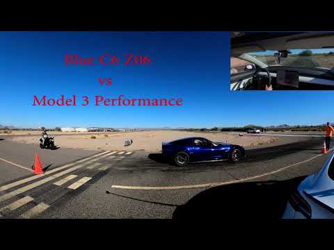 Blue C6 Z06 vs Model 3 Performance 1/2 Mile Race No Fly Zone Gila Bend 12/19/21 Quick Hit