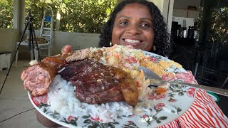 ALMOÇO DE DOMINGO CHURRASCO E MAIONESE FAROFA ARROZ AQUI NA ROÇA ♥️✅🩷comida gostosa!!