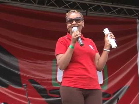 Nyambura Gathumbi of Hivos East Africa engaging the crowd during Ghetto Radio's Serious Request.
