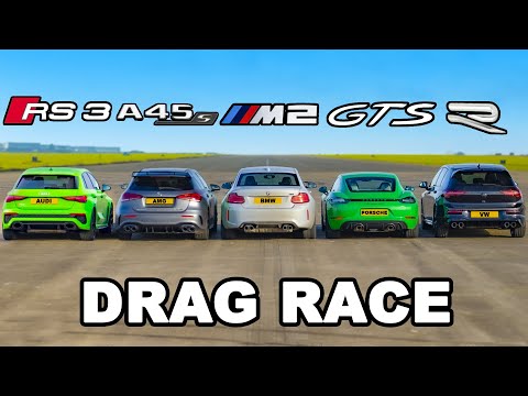 Audi RS3 v AMG A45 v BMW M2 v Porsche Cayman GTS v VW Golf R: DRAG RACE