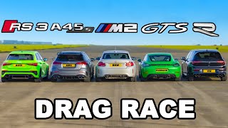 [carwow] Audi RS3 v AMG A45 v BMW M2 v Porsche Cayman GTS v VW Golf R: DRAG RACE