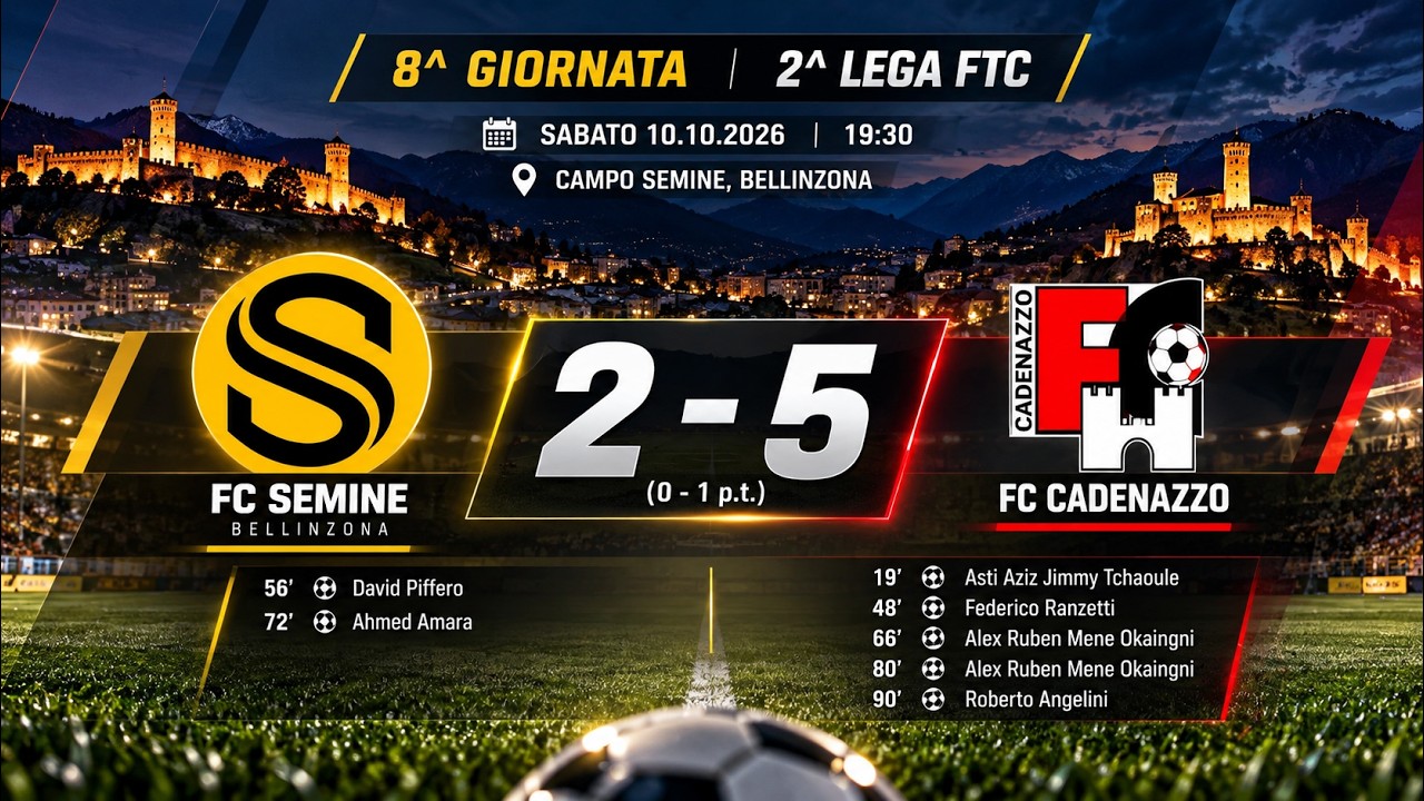 ⚽ FC Semine Bellinzona – FC Cadenazzo 2-5 | Tutti i gol e Highlights | 8ª Giornata – 2ª Lega FTC